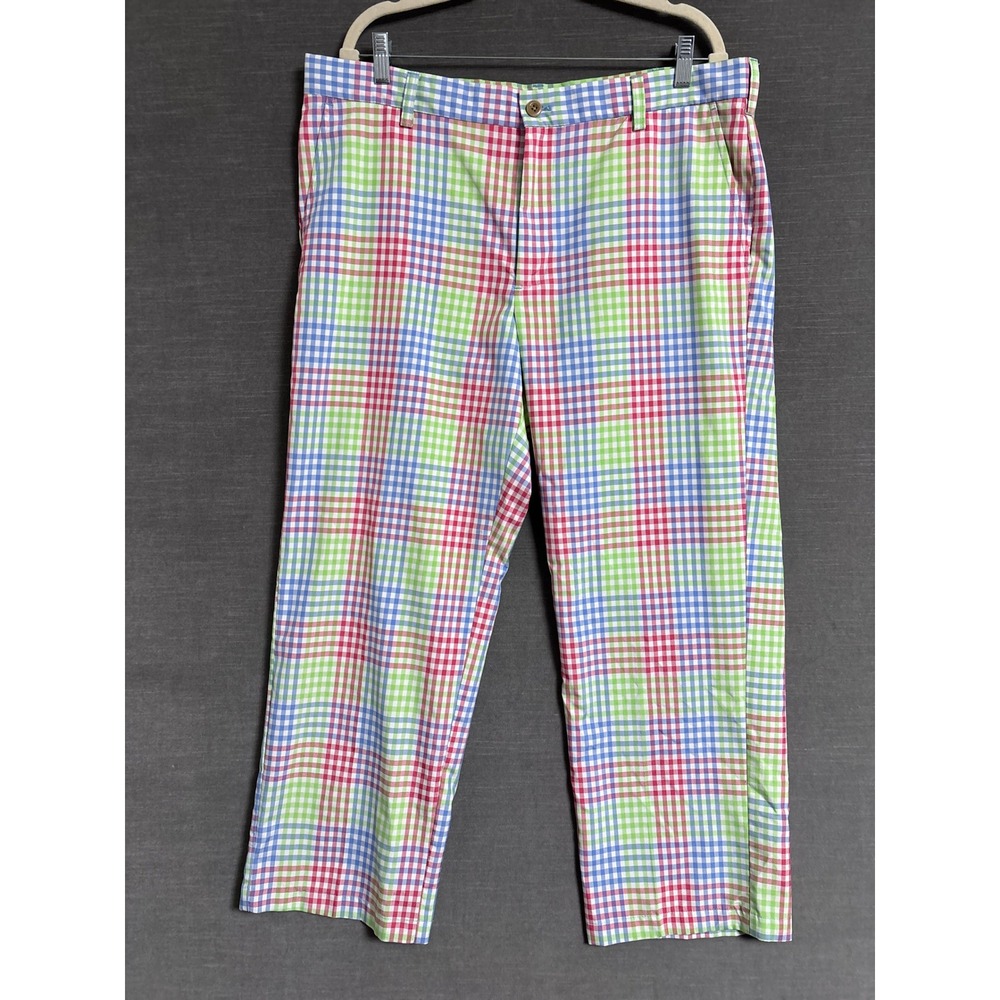 Izod Golf Pants 38x29 Green Blue Red Multicolor Gingham Plaid Flat Chino Fun